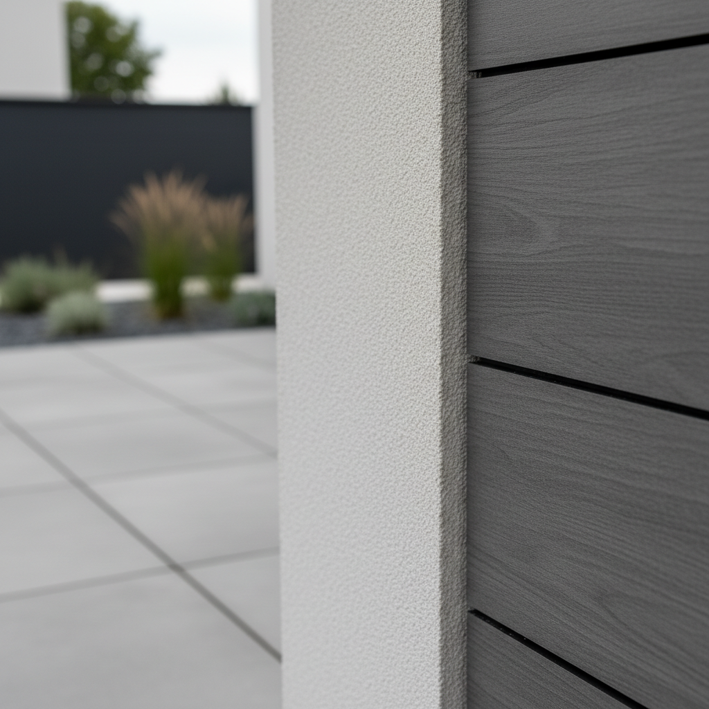 A close-up, photographic realism shot of a freshly rendered exterior wall corner on a residential project, showing fine, even texture in a light warm grey acrylic finish. The render meets precisely cut composite cladding panels with narrow, dark shadow gaps, highlighting the high-quality installation. The wall is part of a modern home terrace with a blurred background of paved courtyard and minimalist landscaping. Soft overcast daylight creates diffused, even lighting with subtle highlights along the sharp edges and neat joints. Composed with the corner on the rule of thirds, shallow depth of field to emphasize craftsmanship, and a clean, professional mood that communicates attention to detail and premium workmanship for cladding and rendering services.