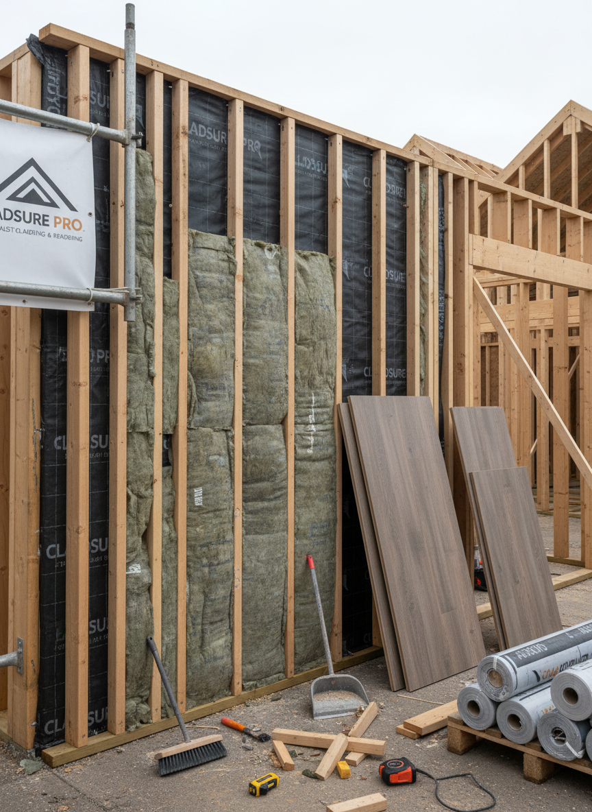 A professional, photographic realism image of a construction site detail on a multi-unit development, focusing on partially installed wall insulation, battens, and cladding system. Neatly arranged wall wrap, straight timber battens, and stacks of composite cladding boards lean against the framed wall, ready for installation. The ground is tidy, with tools and offcuts organized, suggesting meticulous site management. Natural daylight from an overcast sky provides even, neutral lighting, highlighting materials without glare. Captured at eye level with moderate depth of field, keeping the wall system in sharp focus while softly blurring the background of framed structures. The mood is technical, precise, and trustworthy, emphasizing process, quality control, and the professional approach of a specialist cladding and rendering company.